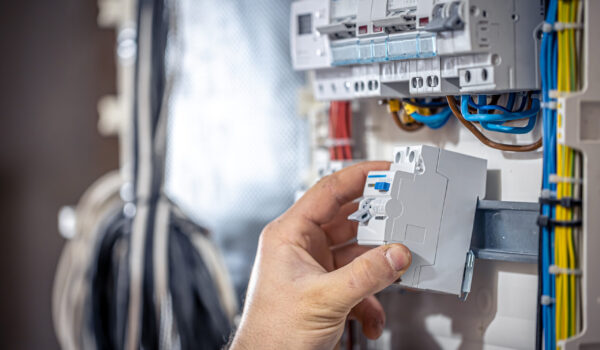 Male electrician at the checkout counter on a blurred background of a switchboard.