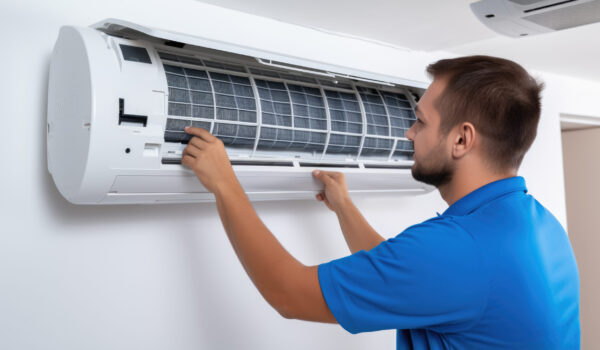 Male technician repairs an air conditioner indoors.