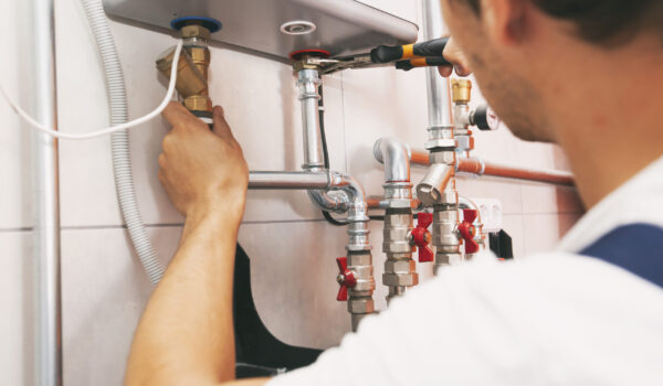 Plumber screwing nut of pipe in the heating system in the boiler room